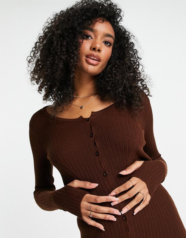 Asos Design Knitted Rib Button Through Mini Dress In Brown - Part Of A Set