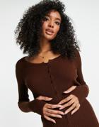 Asos Design Knitted Rib Button Through Mini Dress In Brown - Part Of A Set