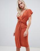 Asos Design Twist Midi Dress With Kimono Sleeve - Brown