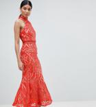 Jarlo Tall All Over Lace High Neck Fishtail Detail Dress-orange