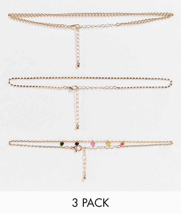 Topshop Pack Of 3 Mini Heart Choker Necklaces In Gold