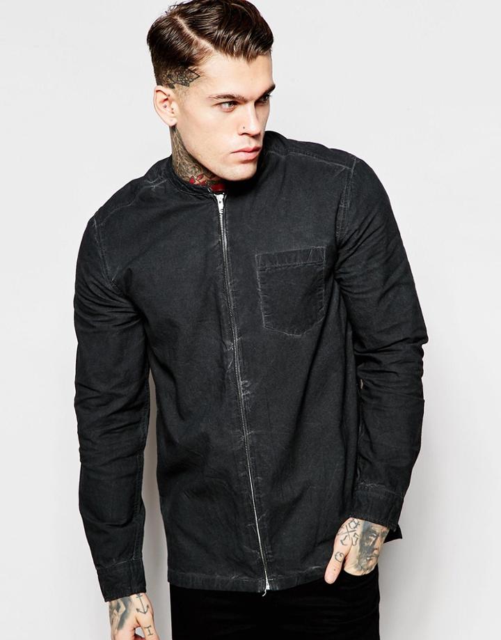 Asos Zip Up Shirt In Pigment Dye With Grandad Collar - Gray