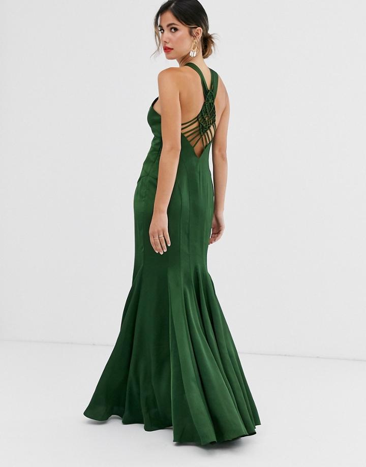 Asos Design Maxi Dress With Fishtail Skirt And Macrame Back Detail In Satin-green