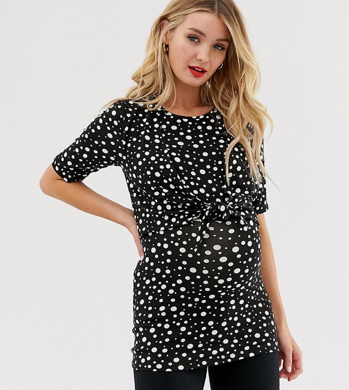 Asos Design Maternity Nursing Knot Front Top In Mixed Polka Dot-multi