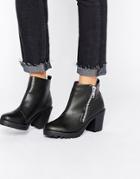 London Rebel Zip Chunky Heeled Ankle Boots - Black