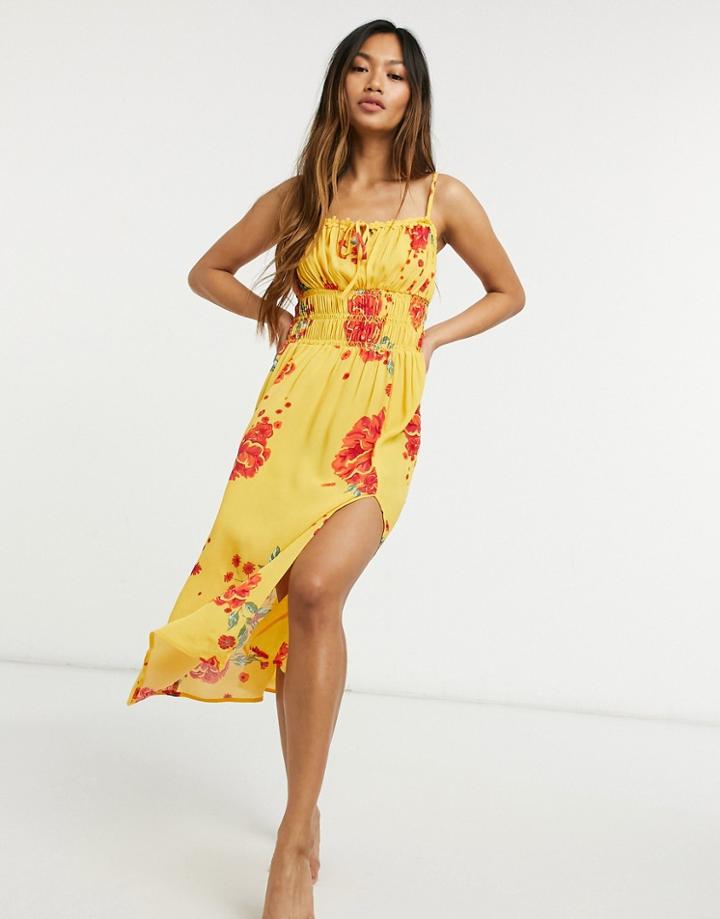 River Island Shirred Floral Midi Beach Dress In Orange