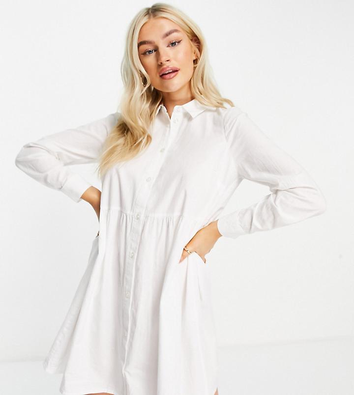 Asos Design Petite Organic Cotton Mini Smock Shirt Dress In White