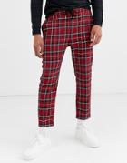 Only & Sons Cropped Drawstring Plaid Pants In Red