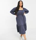 Yours Milkmaid Tiered Midi Dress In Charcoal-grey