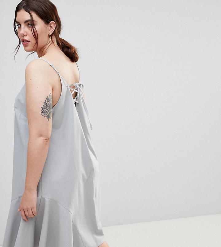 Asos Design Curve Trapeze Midi Swing Lace Up Back Sundress - Blue
