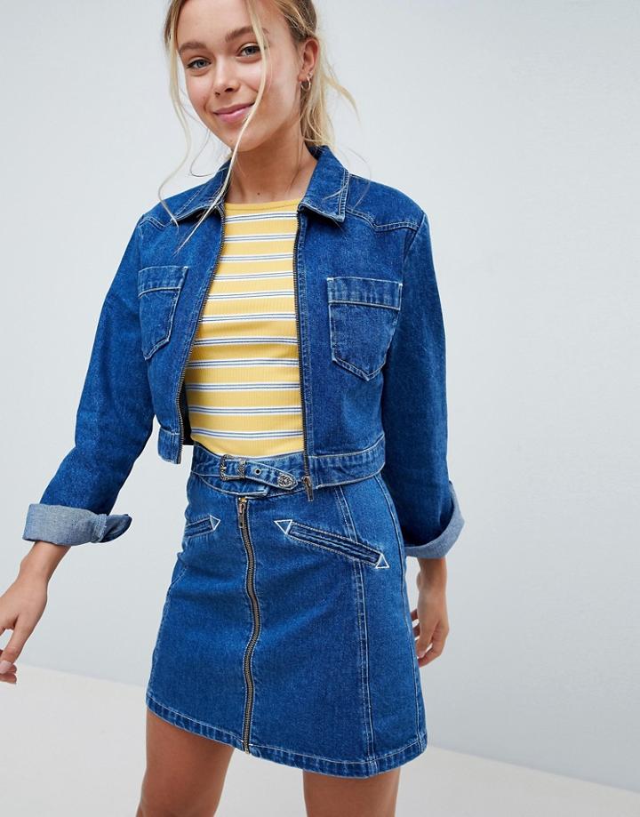 Asos Design Denim Cropped Jacket With Western Belt Buckle Detail Two-piece - Blue
