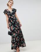 Asos Design Pleated Maxi Dress With Flutter Sleeve In Floral Print - Multi