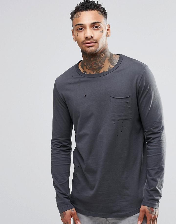 Asos Longline Long Sleeve T-shirt With Distress - Black