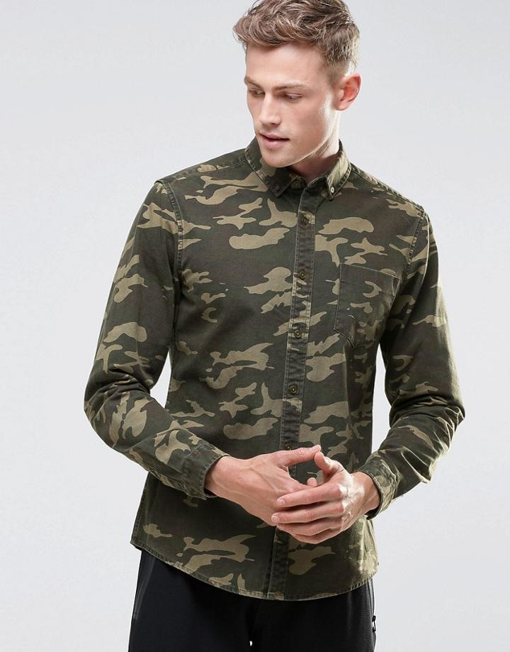 Asos Oxford Shirt In Camo With Long Sleeves - Green