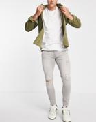 Asos Design Spray On Jeans With Power Stretch In Gray With Rips-grey