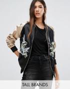 Brave Soul Tall Bomber Jacket With Contrast Sleeves And Embroidery - B