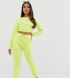 Asos Design Petite Tracksuit Cropped Sweat / Slim Jogger With Tie In Neon Yellow - Yellow