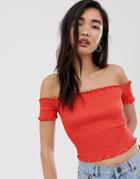 Stradivarius Shirred Off Shoulder Top In Orange