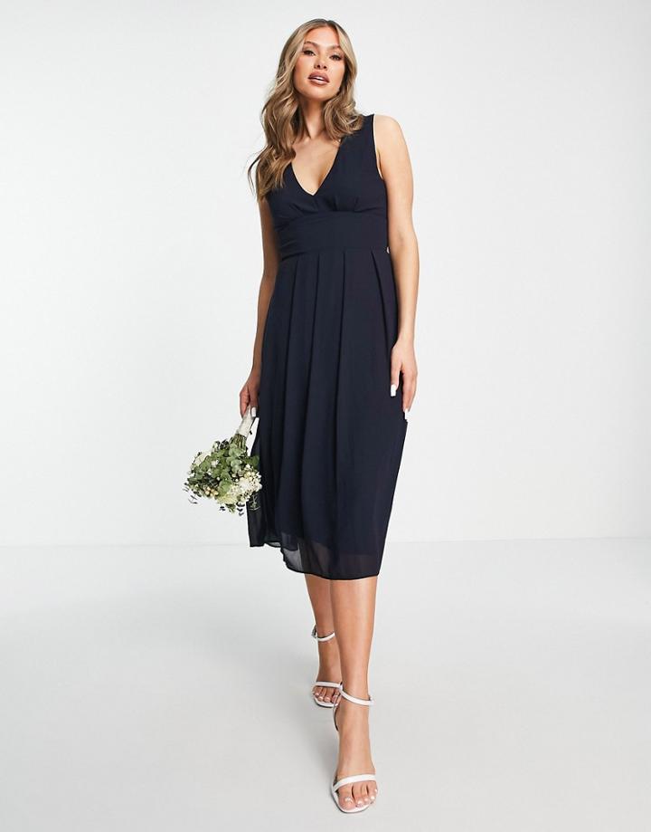 Tfnc Bridesmaid Chiffon V Front Midi Dress With Pleated Skirt In Navy