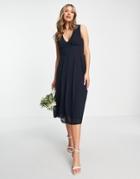 Tfnc Bridesmaid Chiffon V Front Midi Dress With Pleated Skirt In Navy
