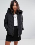 Miss Selfridge Faux Fur Collar Padded Jacket - Black