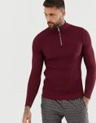 Asos Design Muslce Fit Waffle Textured Sweater In Burgundy - Red