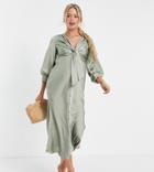 Asos Design Maternity Satin Tie Front Midi Dress With Button Detail-green