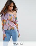 Asos Tall One Shoulder Blouse In Lilac Floral - Multi