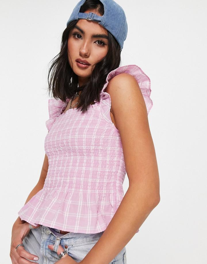 Monki Plaid Print Peplum Hem Top In Pink