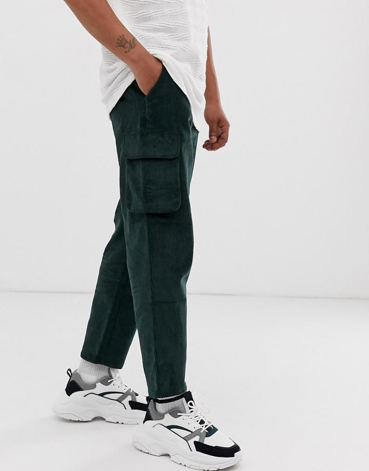 Asos Design Relaxed Cargo Pants In Dark Green Cord - Green