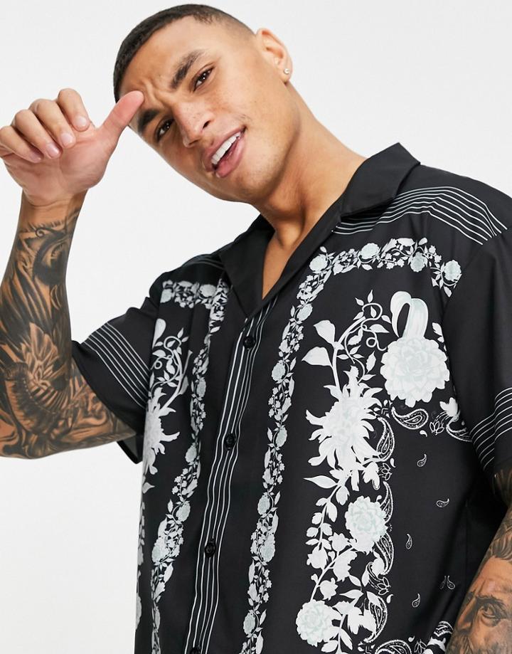 Mennace Printed Border Shirt With Camp Collar In Black