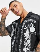 Mennace Printed Border Shirt With Camp Collar In Black