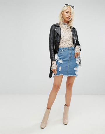 Arrive Denim Mini Skirt With Abrasions - Blue