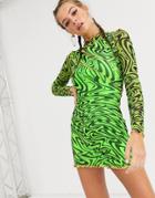 Jaded London High Neck Skater Dress In Wavy Graphic With Contrast Edgying-green