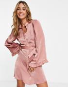 River Island Satin Mini Shirt Dress With Flute Sleeve In Pink-black