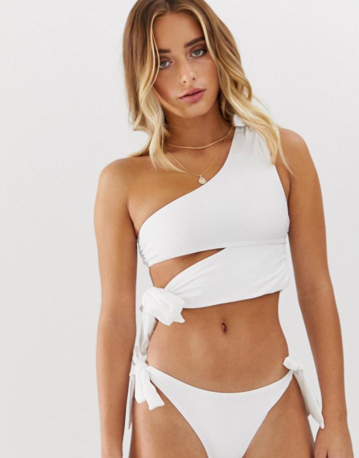 Lost Ink One Shoulder Wrap Bikini Top In White - White