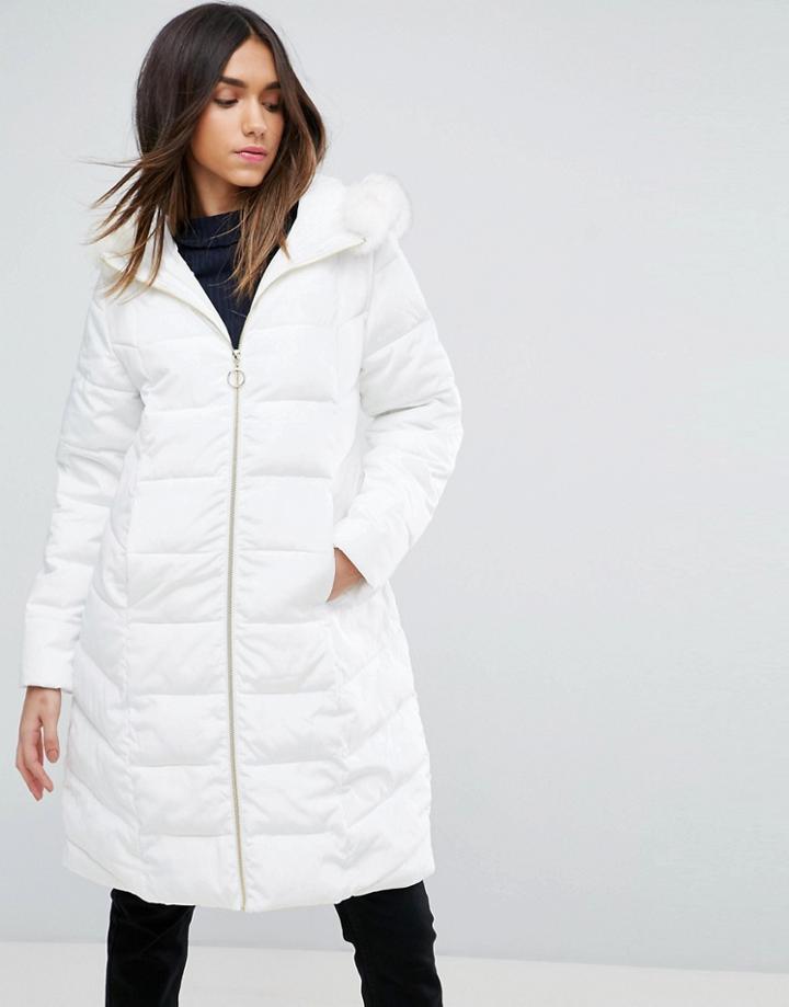 Asos Longline Puffer Coat With Faux Fur Trim Hood - White