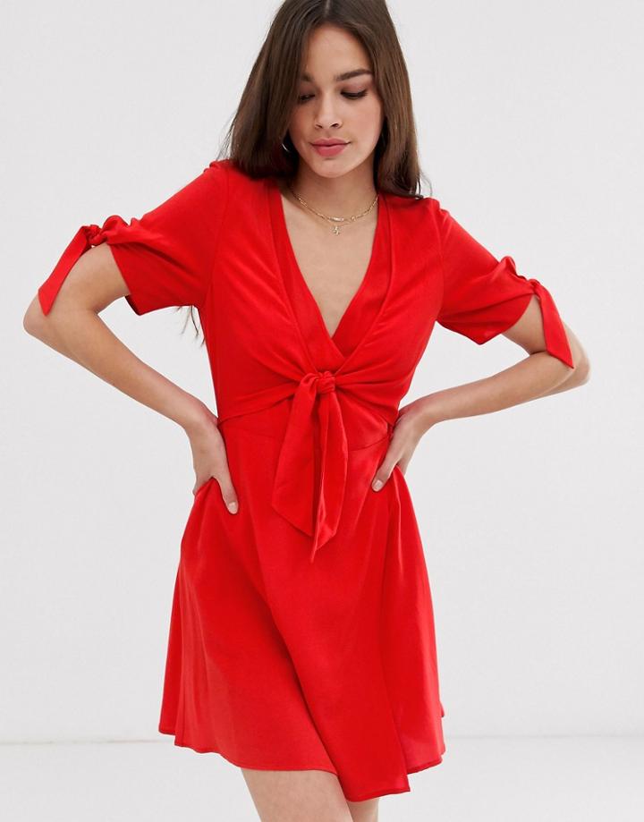 Asos Design Double Wrap Front Mini Skater Dress With Tie Sleeves-red