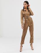 Prettylittlething Satin Belted Jumpsuit In Camel Stripe - Multi