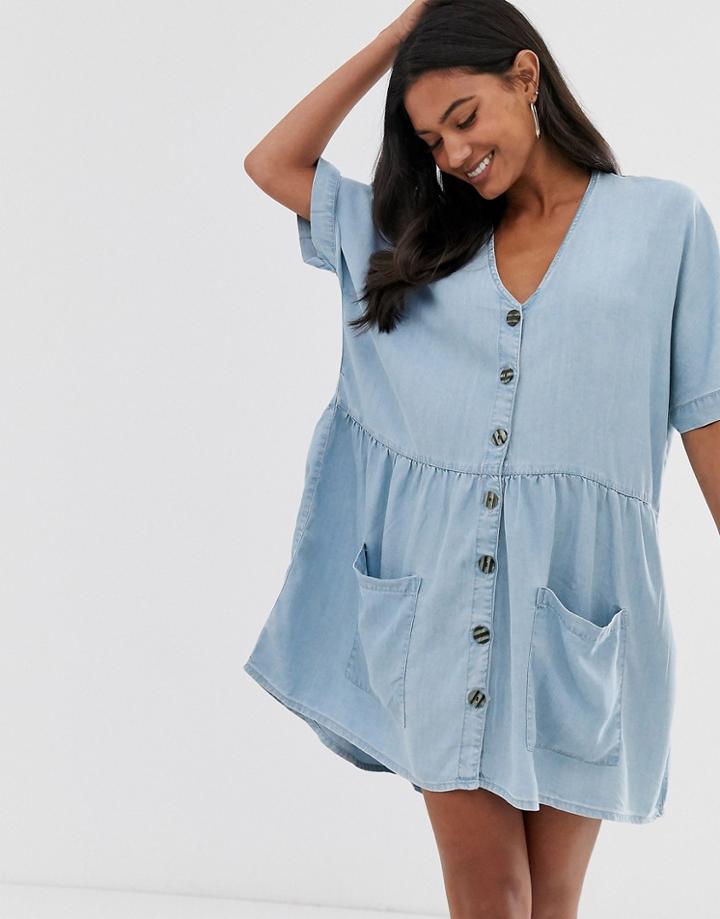 River Island Smock Dress With Button Through In Chambray