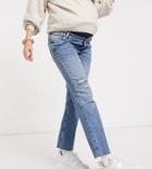 Asos Design Maternity High Rise Stretch 'effortless' Crop Kick Flare Jeans In Midwash With Thigh Rip And Over The Bump Waistband-blues