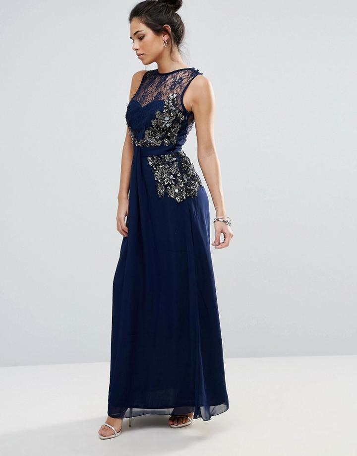 Little Mistress Embellished Sheer Lace Maxi Dress - Blue