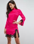 Asos Satin High Neck Shift Dress With Lace Inserts - Pink