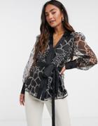River Island Giraffe Print Organza Wrap Blouse In Black