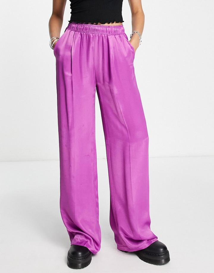 Bershka Straight Leg Satin Pants In Pink