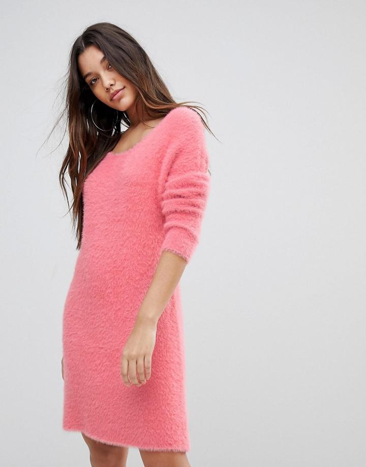 Prettylittlething Fluffy Crew Neck Sweater Dress - Pink