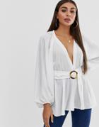 Asos Design Long Sleeve Plunge Top With Kimono Sleeve And Belt-white