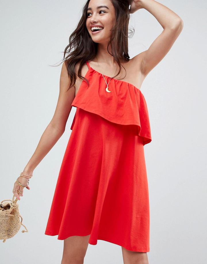 Asos Design One Shoulder Sundress With Ruffle - Red