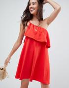 Asos Design One Shoulder Sundress With Ruffle - Red