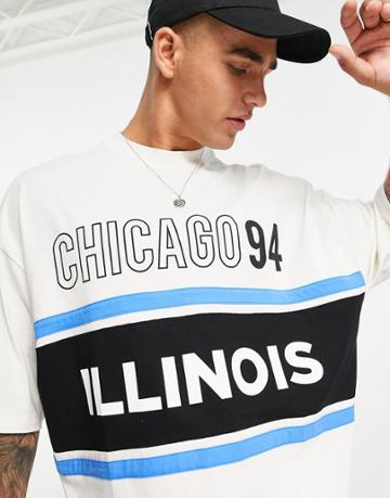Asos Design Oversized T-shirt In Off White Color Block With Chicago City Print
